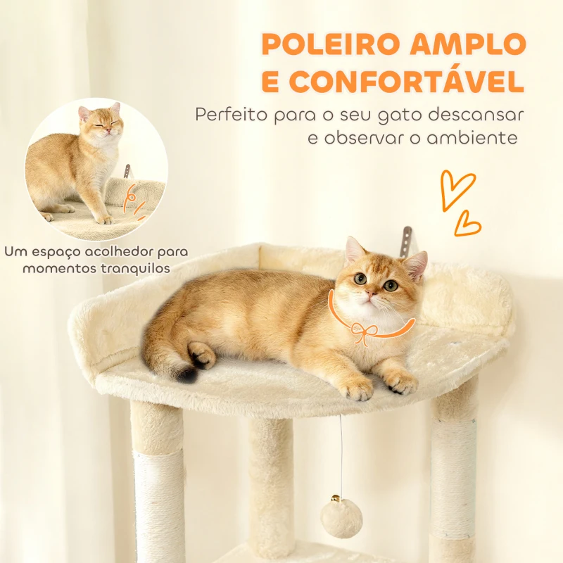 PawHut Arranhador para Gatos Grande com 7 Postes 1 Túnel 3 Plataformas 2 Cavernas 1 Rede 1 Poleiro 1 Rampa Pompons 60x40x170 cm Bege