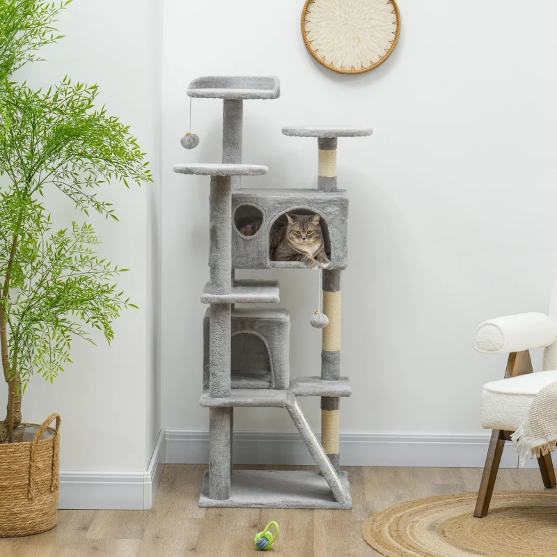 PawHut Arranhador para Gatos com Postes de Sisal Plataformas Cavernas Bolas Pendentes e Redes 49x49x138 cm Cinza Claro