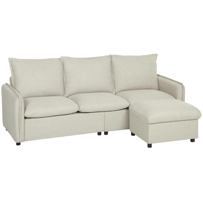 HOMCOM Canapé 3 places avec pouf de rangement, canapé d'angle modulable 212 cm, coussins à ressorts, tissu en lin, crème