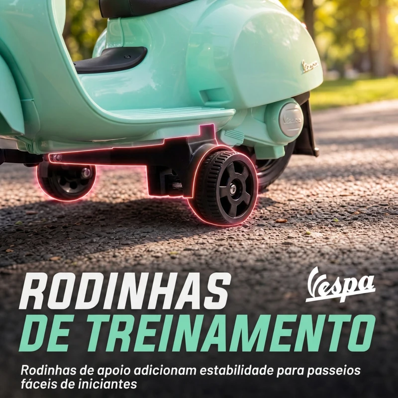 AIYAPLAY Mota Elétrica Infantil Mini Vespa GTS com 2 Rodas Auxiliares, Bateria de Lítio, Farol, Buzina e Encosto, Verde