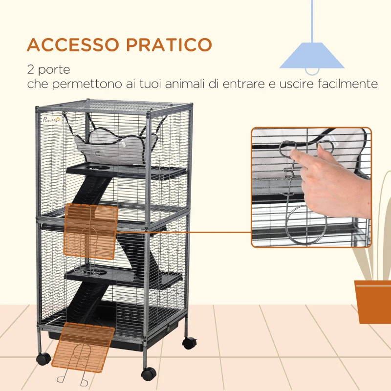 PawHut Gabbia per Piccoli Roditori in Acciaio, Gabbietta per Porcellini d'India e Cincillà con 3 Piani, 4 Ruote, Amaca e Vassoio Rimovibile, 52 x 52 x 113.5cm, Grigio Argento