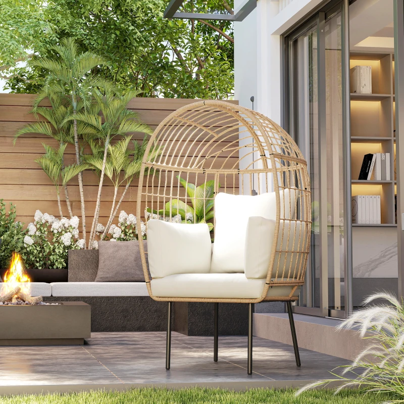 Outsunny Rattansessel Ei-Förmig mit abnehmbarem Kissen, Polster, Outdoor Sessel aus Rattan 95 x 80 x 155 cm Beige(m-10)