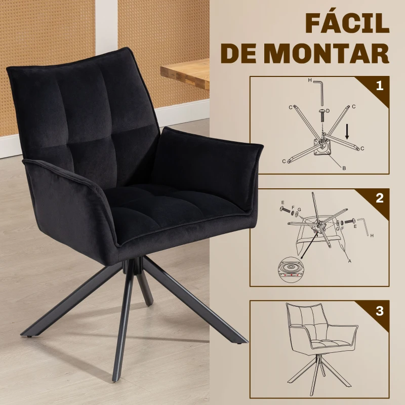 HOMCOM Conjunto de 2 Cadeiras de Refeição Giratórias 360° Estofado Estofamento em Veludo Pés em Aço 63x64x85 cm Preto