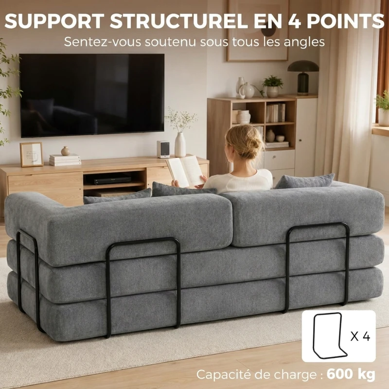 HOMCOM Canapé Convertible 3 Places Compressé 5 en 1, Canapé-Lit en Chenille 205cm, Assise Profonde, 2 Coussins, Gris