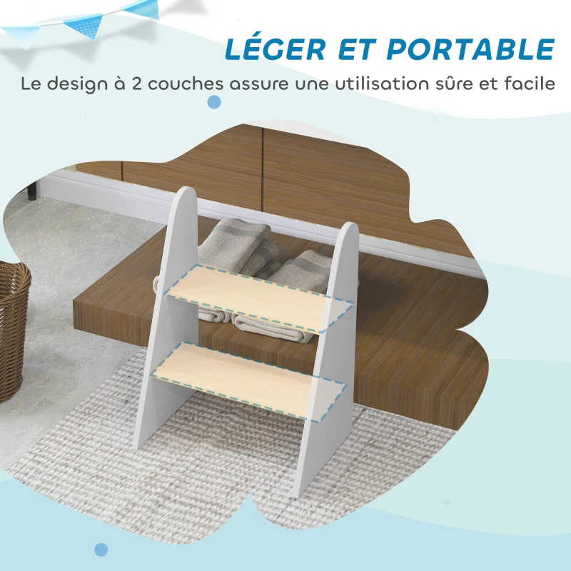 AIYAPLAY Marche pied enfant marchepied enfants 2 marches pour enfants 3 à 8 ans en bois charge max. 20 kg blanc