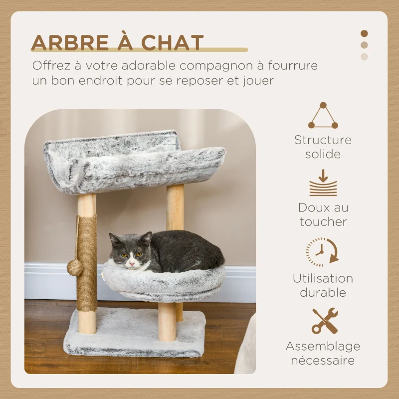 PawHut Abre à chat avec griffoir 1 niche supérieure avec coussin lavable 1 niche ronde peluche hauteur 60 cm gris