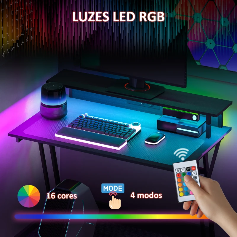 HOMCOM Secretária Gaming com Luzes LED 100x60 cm Tomadas de Corrente Suporte para Monitor Prateleiras e Comando Remoto Preto