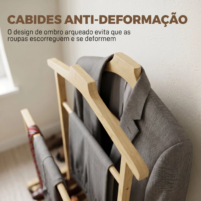 HOMCOM Galã de Noite em Bambu com Rodas, Cabides para Roupa, Suporte para Calças, Bandeja e Prateleira, Natural