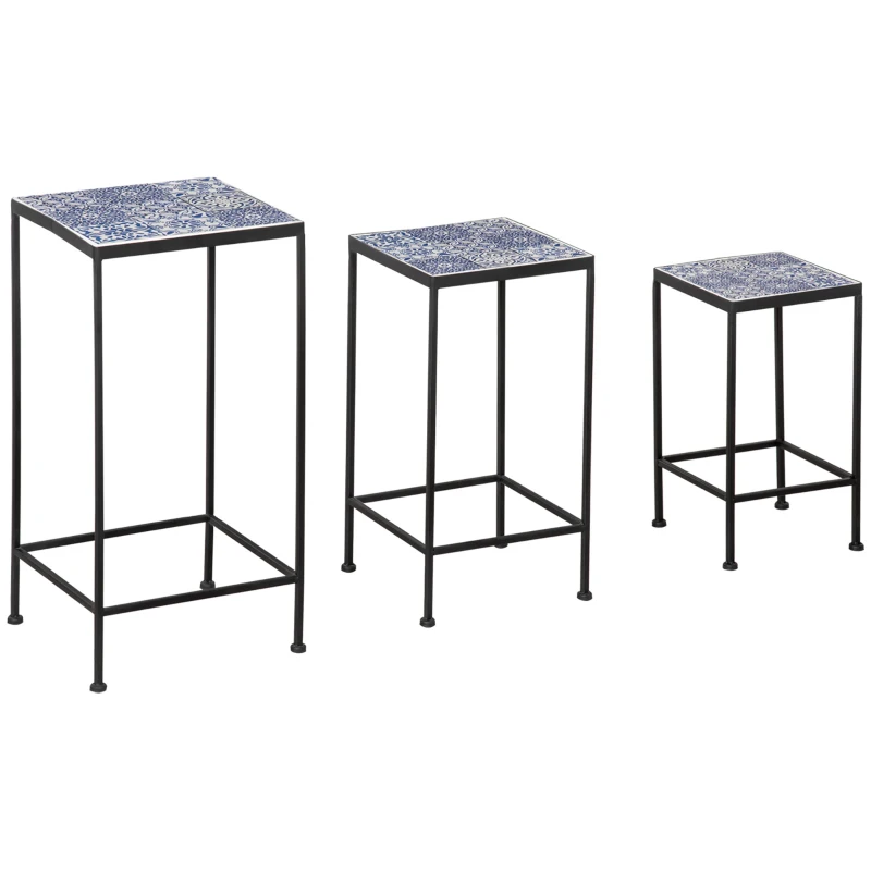 Outsunny Suporte para Vasos de Metal 3 Peças Empilháveis Suporte para Plantas com Bancada de Azulejo Decorativa para Interiores e Exteriores 31,5x31,5x60,5 cm Azul e Preto