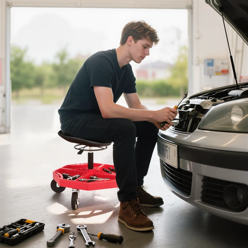 HOMCOM Banco de Oficina Móvel com Bandeja Magnética Altura Ajustável de 52–59,5 cm Carga 135 kg Banco para Mecânico com Rodas para Garagem Reparação de Automóveis Vermelho
