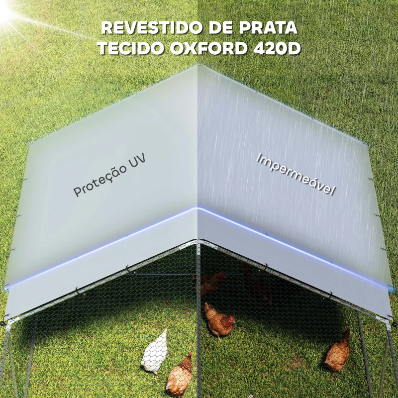 PawHut Galinheiro para Exterior Grande em Aço Galvanizado 6,8x3x1,9 m 20,4 m² com Cobertura em Tecido Oxford e Fecho Prata