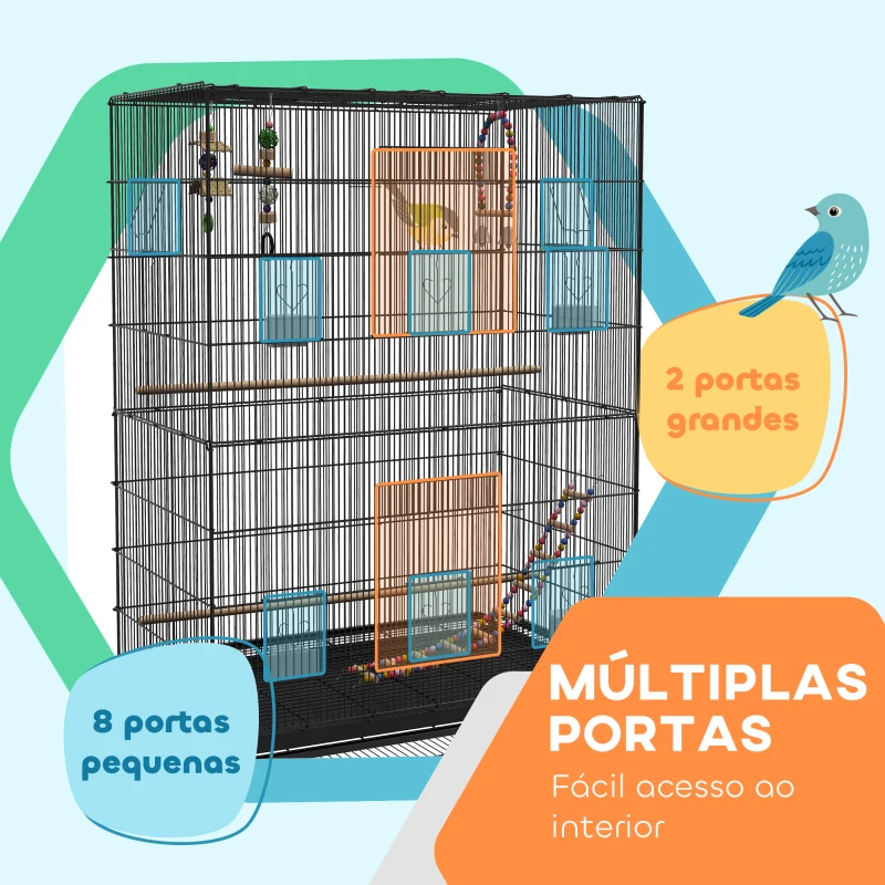 PawHut Gaiola para Pássaros com Rodas Comedouros Poleiros Prateleira Inferior Bandeja Removível 97x58x160 cm Preto