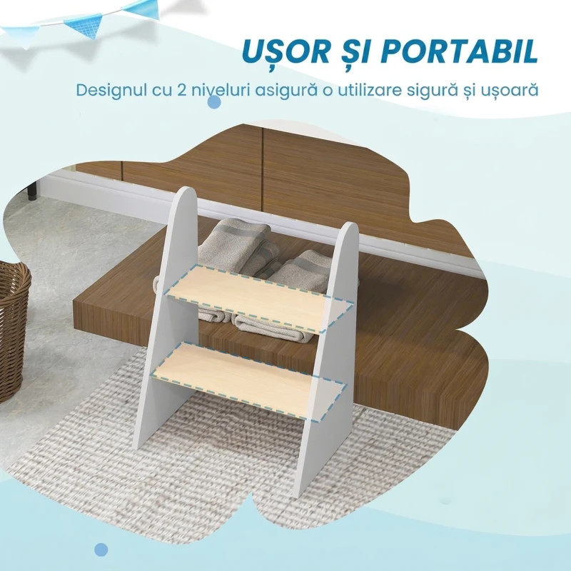 AIYAPLAY Taburet Montessori pentru Copii cu 2 Trepte, Scăunel pentru 3-8 Ani cu Margini Rotunjite, Alb