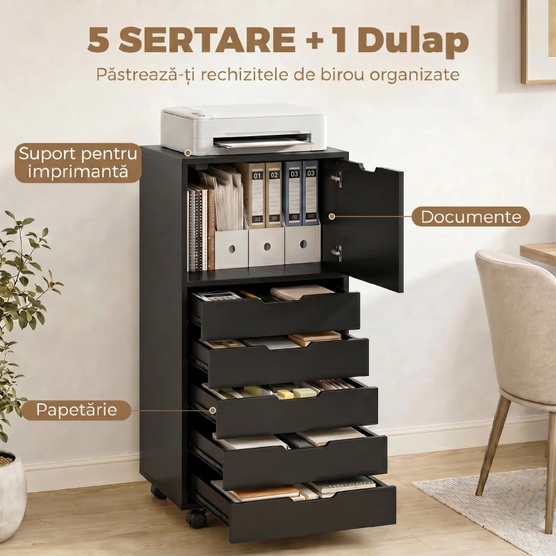 HOMCOM Fișet de Birou cu 5 Sertare și Roți, Negru