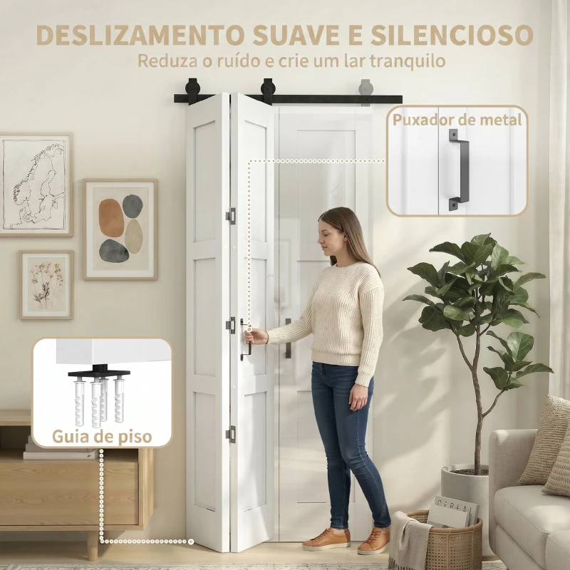 HOMCOM Porta Deslizante Dobrável com Ferragens 91,4x213,4 cm com Roldana Trilho de Aço Guia de Piso Puxador Branco