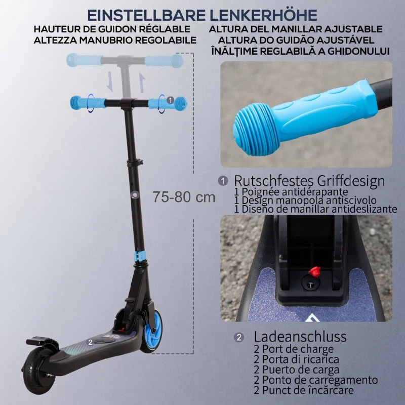 HOMCOM Trotinetă Electrică Pliabilă pentru Copii 6+ Ani cu Înălțime Reglabilă, 71x36.5x75-80 cm, Negru și Albastru