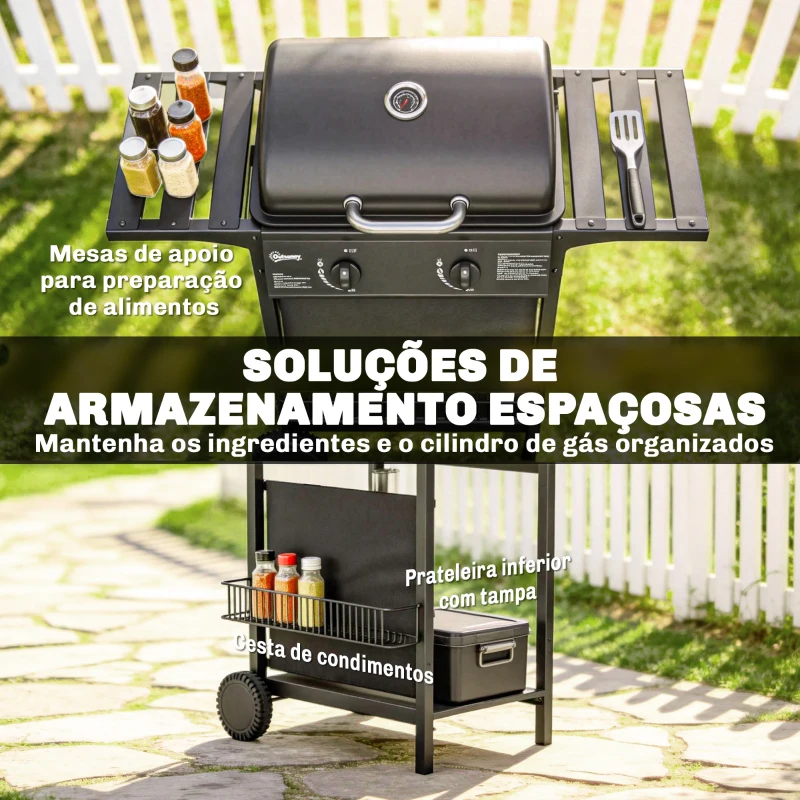 Outsunny Barbecue a Gás BBQ com 2 Queimadores de 5 kW Termómetro Mesas Laterais Prateleira Grelha de Aquecimento 2 Rodas Preto