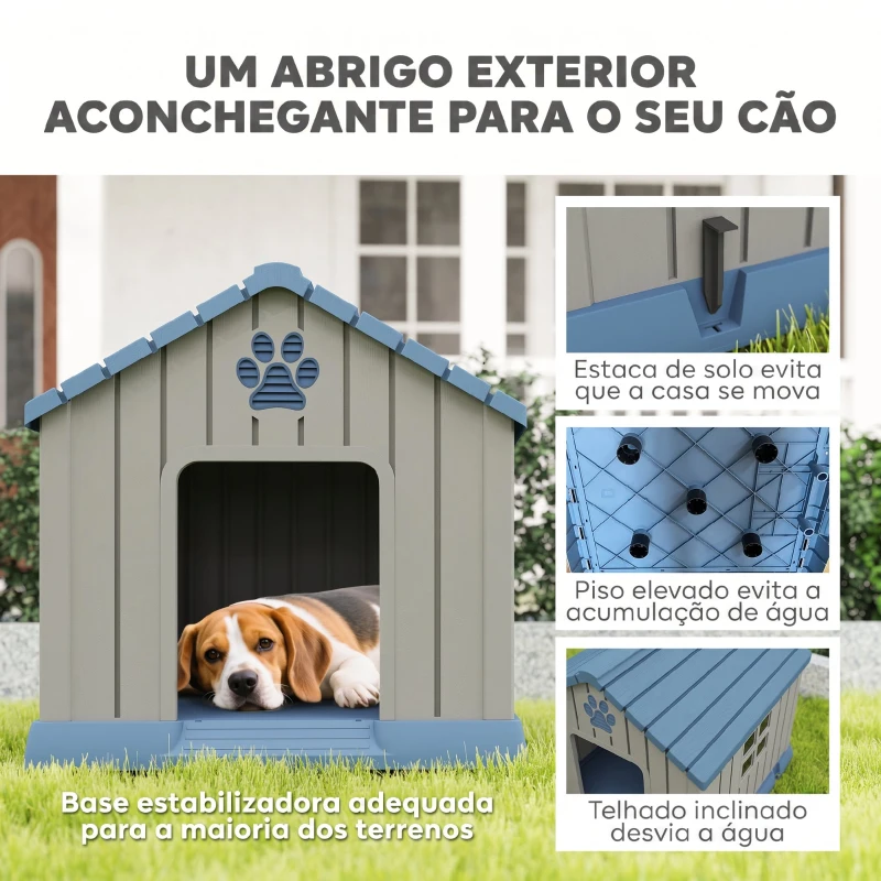 PawHut Casota para Cães Médios de Exterior em Plástico Impermeável com 2 Janelas, Base Elevada e Estacas, 85x79x82 cm, Cinzento