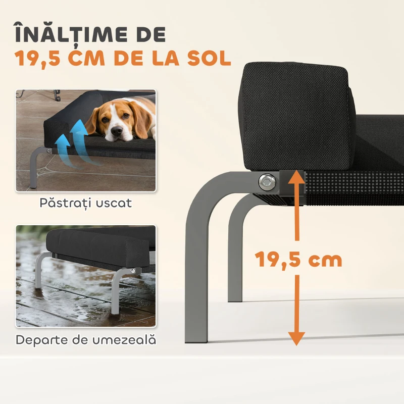 PawHut Pat Ridicat pentru Câini de 19,5 cm cu Pernă în Formă de U, din Poliester și Oțel, 110x75x30 cm, Negru și Argintiu