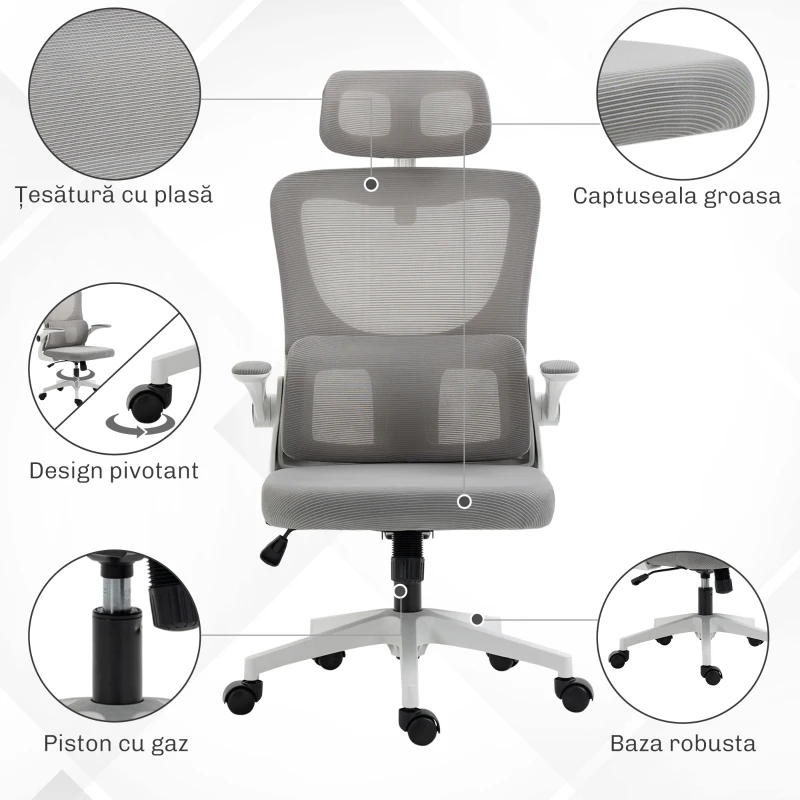 Vinsetto Scaun de Birou Ergonomic cu Înălțime Reglabilă și Tetieră, 60x59x114-122 cm, Gri