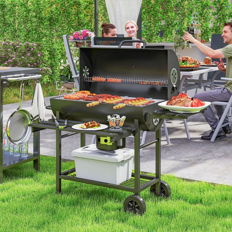 Outsunny Holzkohlegrill aus Stahl BBQ Smoker mit Deckel Griffe Thermometer Räder fahrbar 114 x 65 x 95 cm