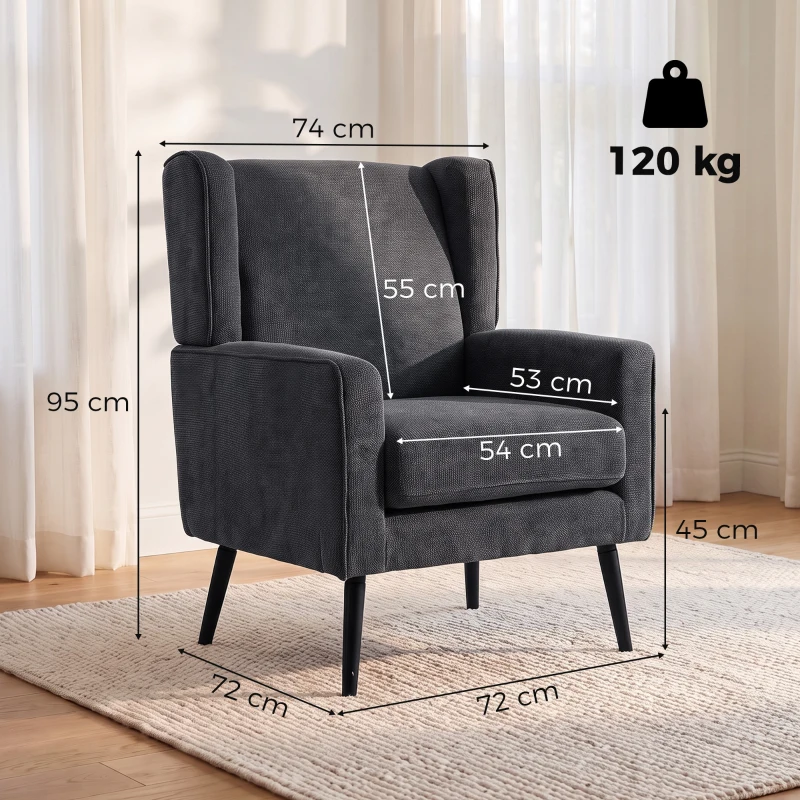 HOMCOM Poltrona para Quarto em Chenille Estilo Moderno de Meados do Século com Pernas em Madeira de Seringueira, Cinza Escuro