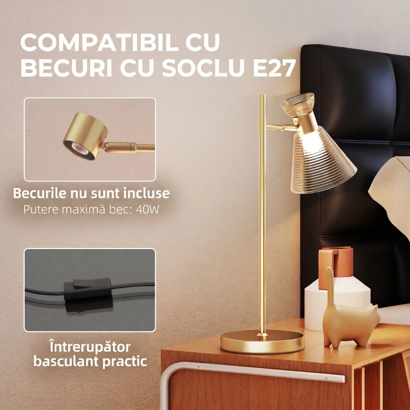 HOMCOM Lampă de masă modernă cu abajur din sticlă reglabil, ambrat și satinat, soclu E27, auriu