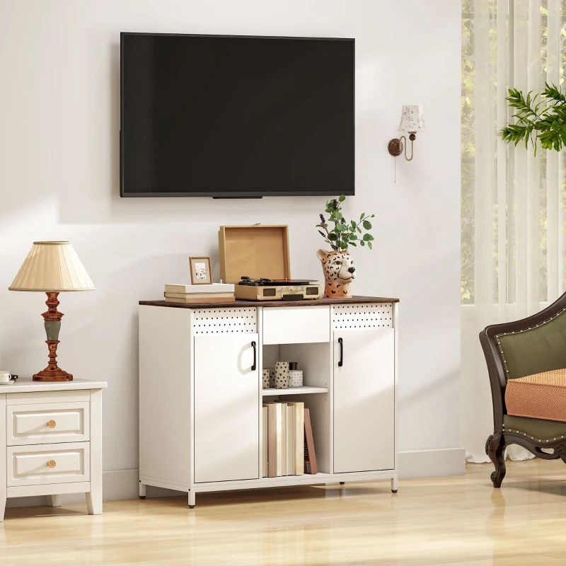HOMCOM Aparador de 2 Portas com Orifícios 2 Compartimentos e Gaveta Prateleiras Ajustáveis 100x40x80 cm Branco e Castanho Rústico