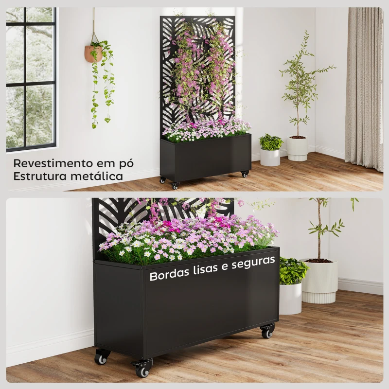 Outsunny Floreira Exterior Grande com Rodas e Painel de Privacidade com Folhas de Monstera Estrutura de Metal 90x30x160 cm Preto