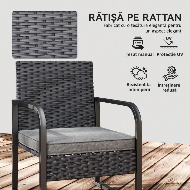 Outsunny Set de mobilier de grădină din ratan cu 2 fotolii de exterior și măsuță cu blat din sticlă, neagră