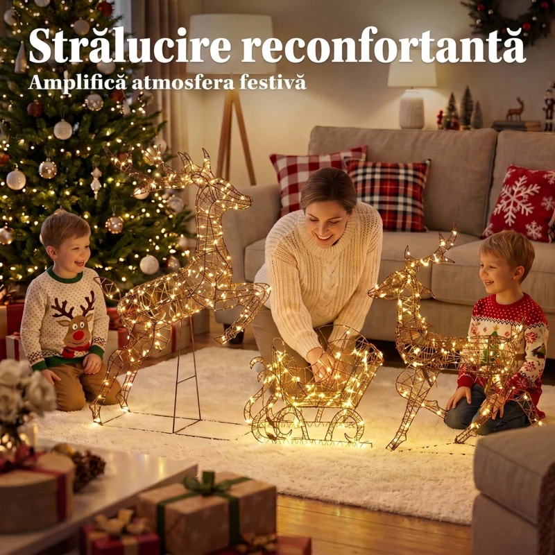 Outsunny set de Crăciun 3 piese cu reni și sanie, 240 LED, 105 cm, alb cald