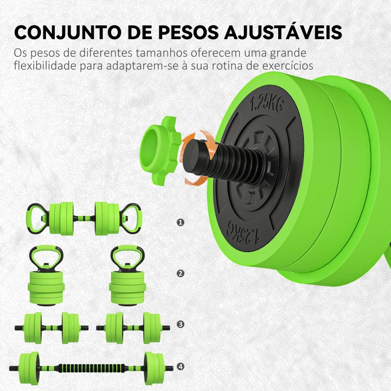 SPORTNOW Conjunto de Halteres 20kg 4 em 1 Conjunto de Pesos com Kettlebell Barra de Pesos para Treino de Força em Casa Ginásio Verde