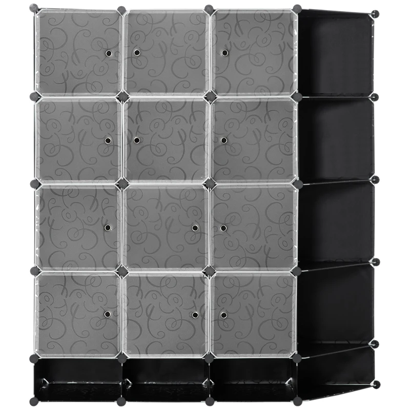 HOMCOM Armário Modular de Plástico Armário Portátil com 16 Cubos e 2 Barras Organizador de Sapatos Roupas Brinquedos para Entrada Corredor Dormitório 145x46x162cm Preto e Branco