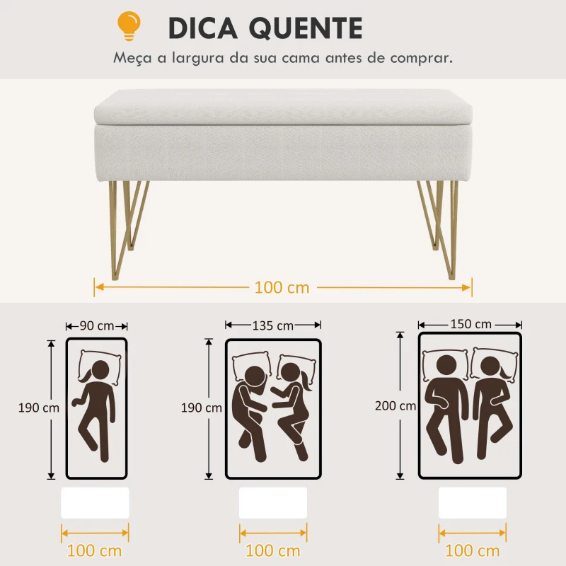 HOMCOM Banco para Pé de Cama Estofado em Tecido Sintético com Pernas de Aço e Assento Acolchoado 100x40x49 cm Creme