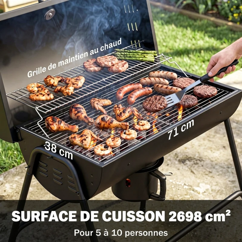 Outsunny Barbecue au charbon de bois BBQ avec couvercle, grille et thermomètre, avec roues, poignée, 95 x 71,5 x 102 cm, noir