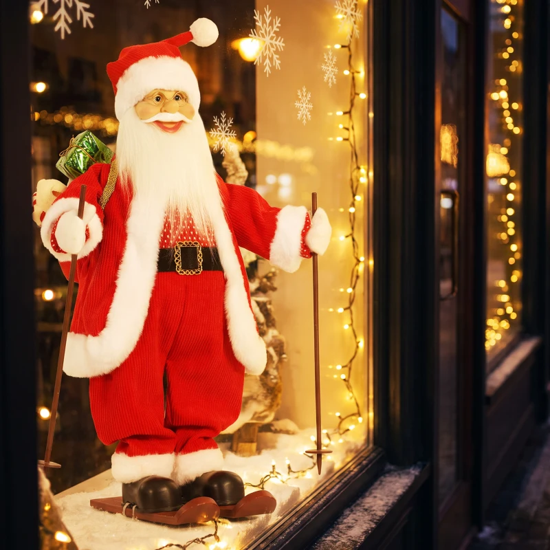 HOMCOM Singender Ski-Weihnachtsmann, 66 cm, animierte stehende Weihnachtsfigur mit Skiern, Geschenkesack und Geräusch-/Berührungsaktivierung