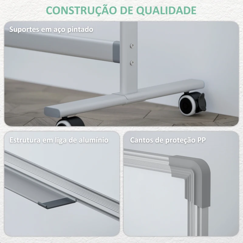 HOMCOM Quadro Magnético de Dupla Face 120x90 cm Quadro Branco Giratório com Suporte Ímanes Marcadores e Apagador Branco