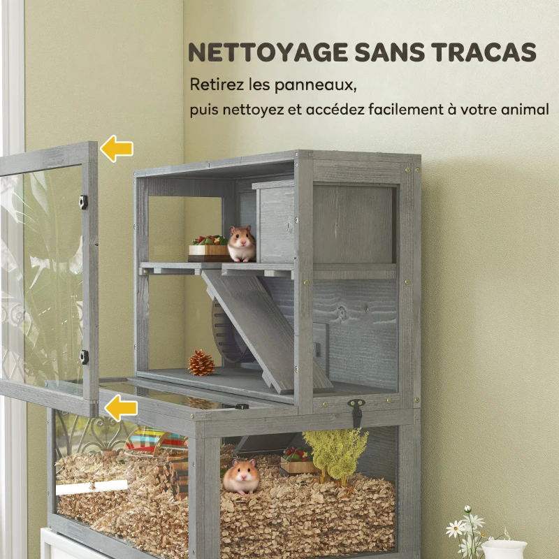 PawHut Cage Hamster en Bois, 3 Niveaux avec Cabane, Roue, Rampes, Panneau Transparent, Espaces Séparés, 80x50x84cm, Gris