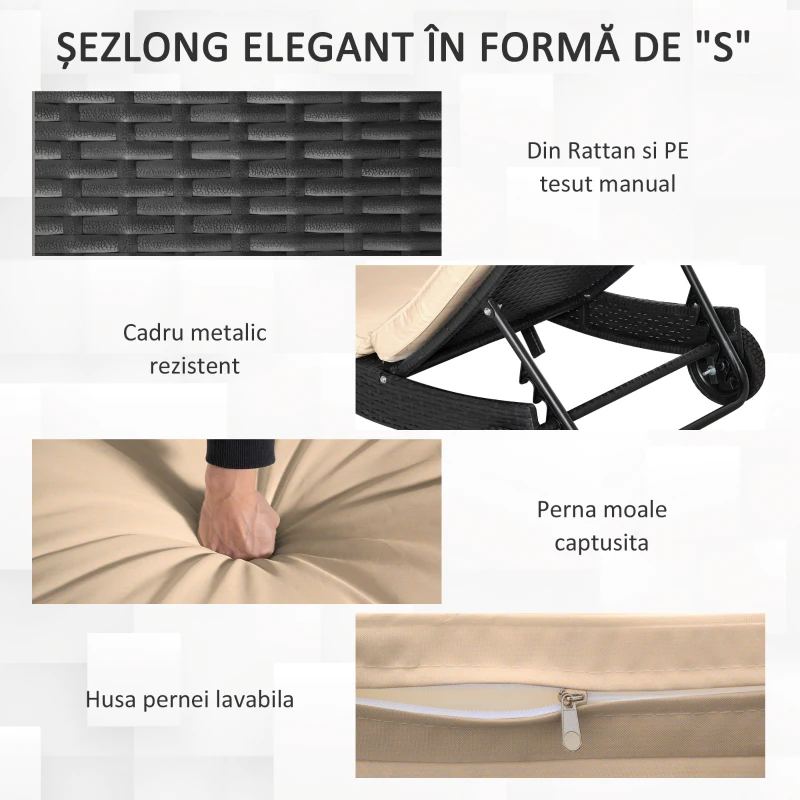 Outsunny Sezlong de Gradina din Ratan PE, Pat Sezlong cu Spatar Reglabil si Perna Captusita, 207x70x70cm, Negru