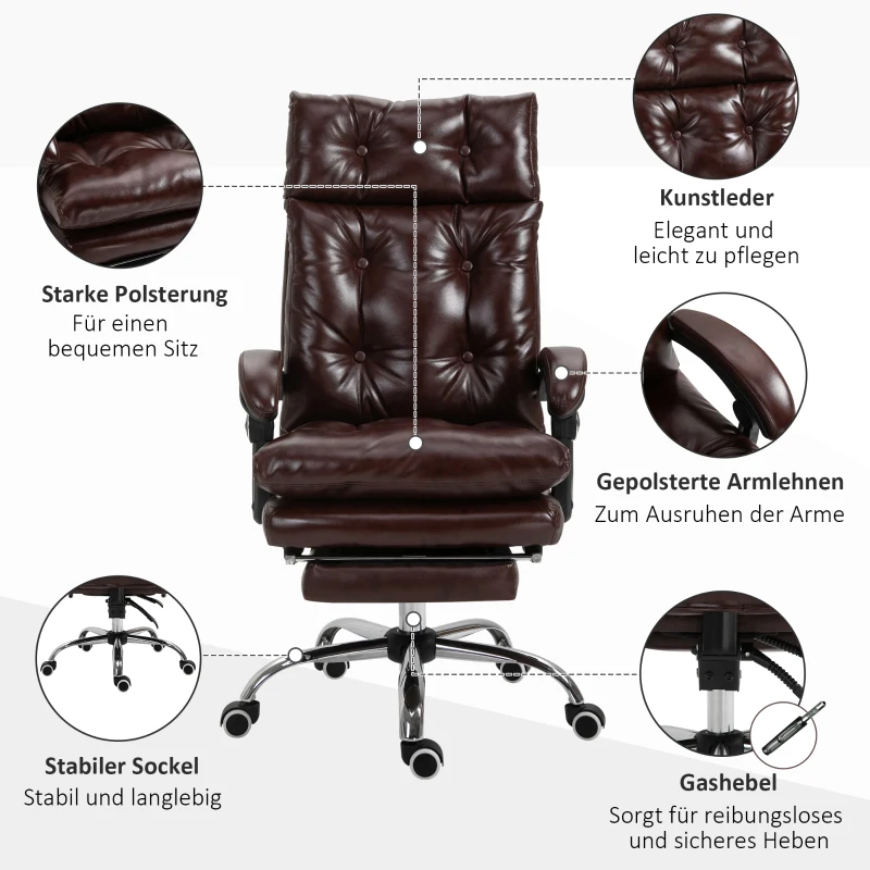 Vinsetto Bürostuhl ergonomischer Bürostuhl mit höhenverstellbarer Sitzhöhe, neigbarer Rückenlehne, ausziehbarer Fußstütze, Braun