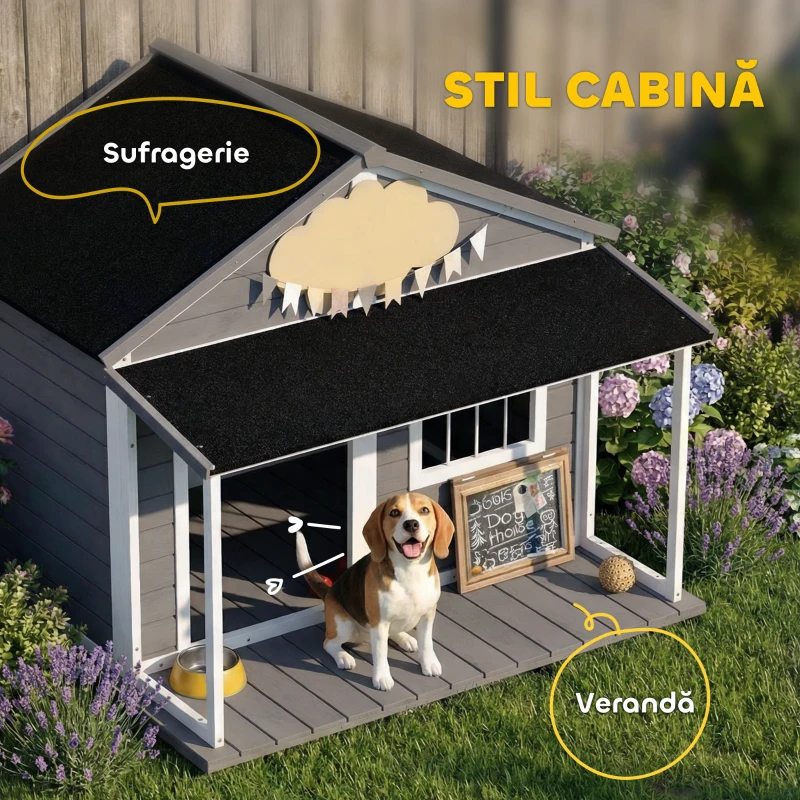 PawHut Cușcă pentru câini de exterior cu terasă, fereastră și acoperiș impermeabil, 124x112x105cm, gri