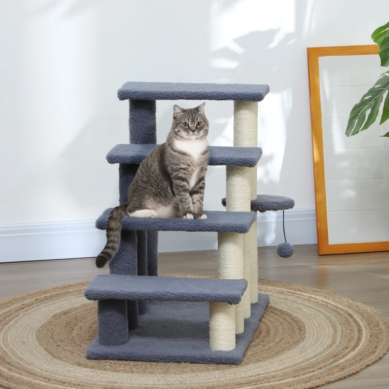 PawHut Arranhador para Gatos de 4 Níveis Escada para Animais de Estimação Revestida com Franela Suave Poste de Sisal Bola Suspensa 60x40x64 cm Cinzento