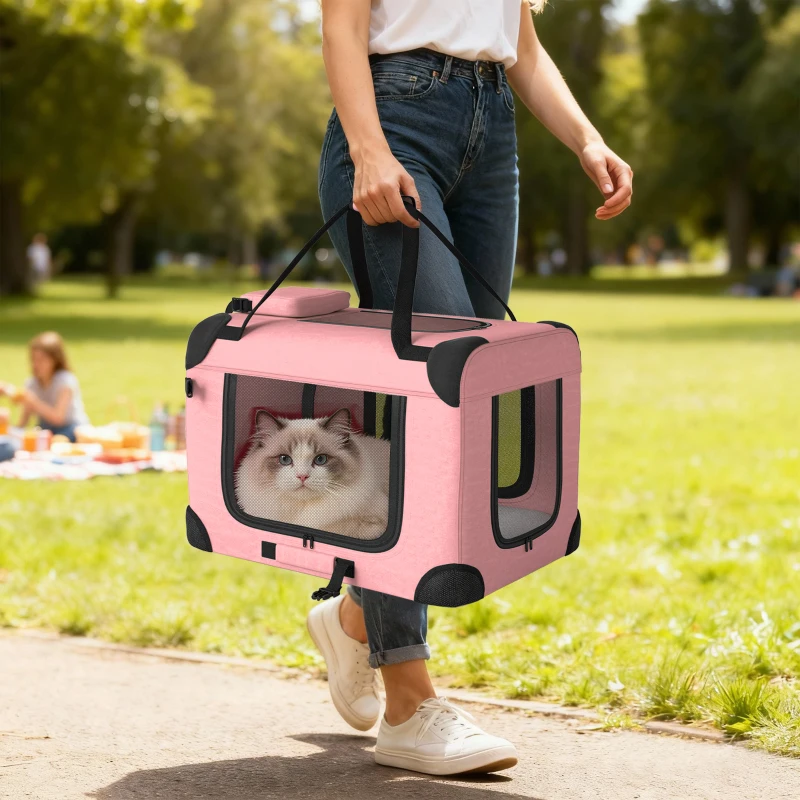 PawHut Transportadora Dobrável para Cães 60x41,5x41 cm com Janelas de Rede, Almofada Macia e 2 Alças para Mini Cães e Gatos Rosa