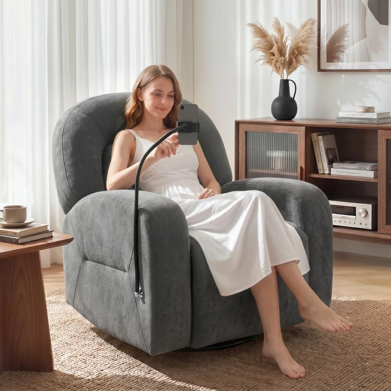 HOMCOM Poltrona Relax Reclinável 3 em 1 com Função de Baloiço Rotação 360° Suporte para Telemóvel Assento Amplo Cinzento