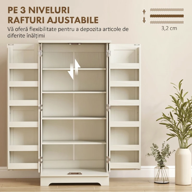 HOMCOM Dulap de Bucătărie Tip Cămară, Rustic, cu 12 Rafturi pentru Condimente, Rafturi Reglabile, 2 Uși, pentru Sufragerie și Living, 60x40x120 cm, Crem