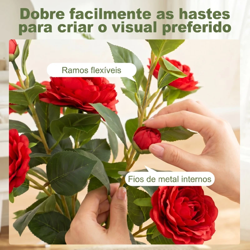 HOMCOM Planta Artificial de Camélia 65 cm com Flores Realistas de Seda 116 Folhas e Efeito de Musgo Vermelho