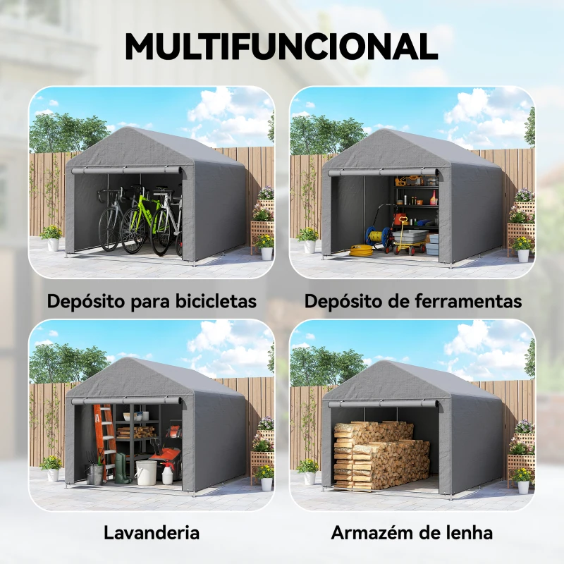 Outsunny Tenda de Jardim para Bicicletas com Estrutura de Metal Galvanizado Porta com Fecho Impermeável Anti-UV 2,4x2x2 m Cinzento