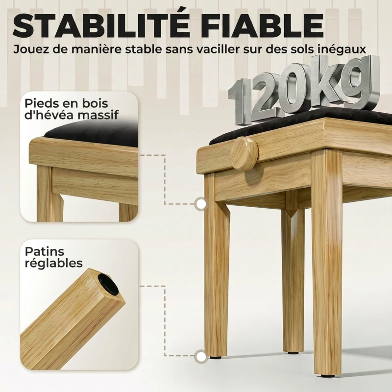 HOMCOM Banc de Piano, Tabouret Piano Réglable en Hauteur 45-56 cm, Banc de Clavier, Siège Rembourré en Velours, Bois Naturel