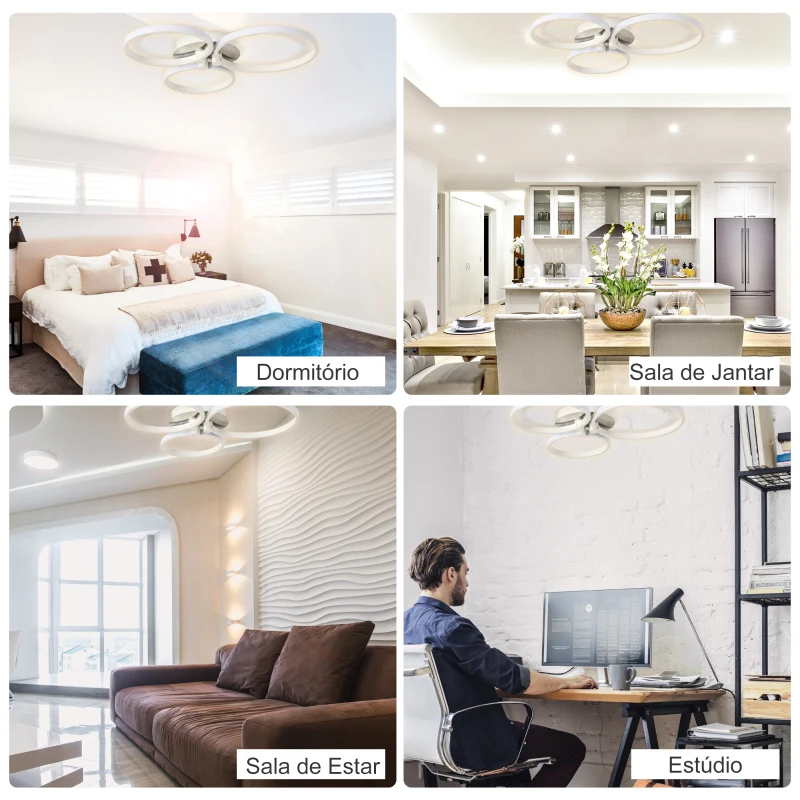 HOMCOM Candeeiro de Teto LED IP20 46W 4500lm com 3 Círculos Candeeiro de Teto de Alumínio para Sala de Jantar Dormitório Sala de Estar 56x47x8cm Prata