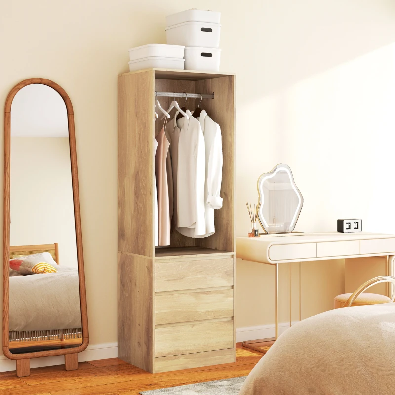 HOMCOM Dulap Garderobă cu Bară pentru Umerașe, Raft Deschis și 3 Sertare, din Lemn, 60x48,5x185 cm, culoare Teak(m-2)